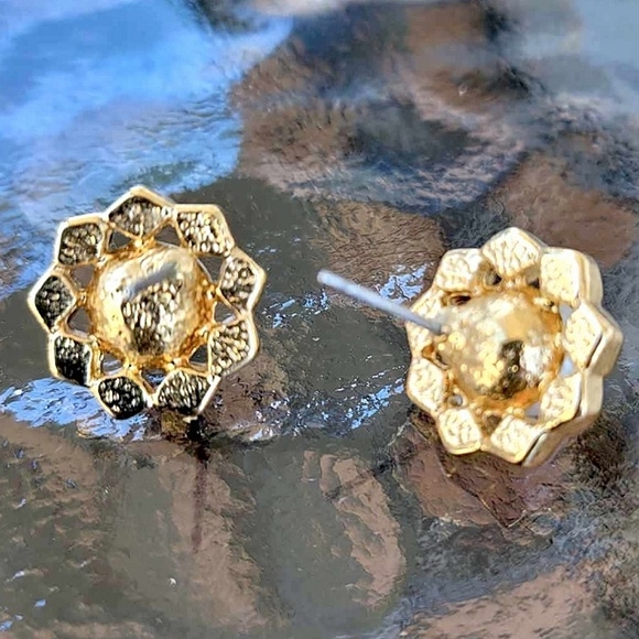 ππ Vintage Elegant Pearl Gold Pendant Chocker Necklace Rhinstone Earrings Set - Picture 9 of 9